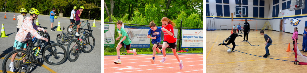 three photos side by side - students on bikes, students running on track, student about to score a goal in soccer